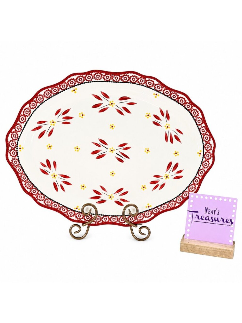 Temptations By Tara OLD WORLD RED Yellow Floral Large Oval 20.5" Serving Platter